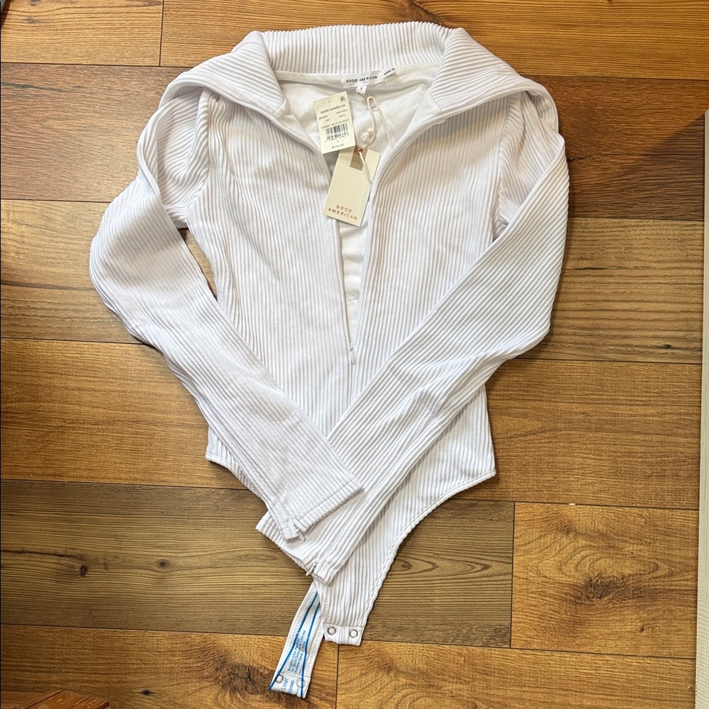 Good American Cream Ribbed Collared Bodysuit